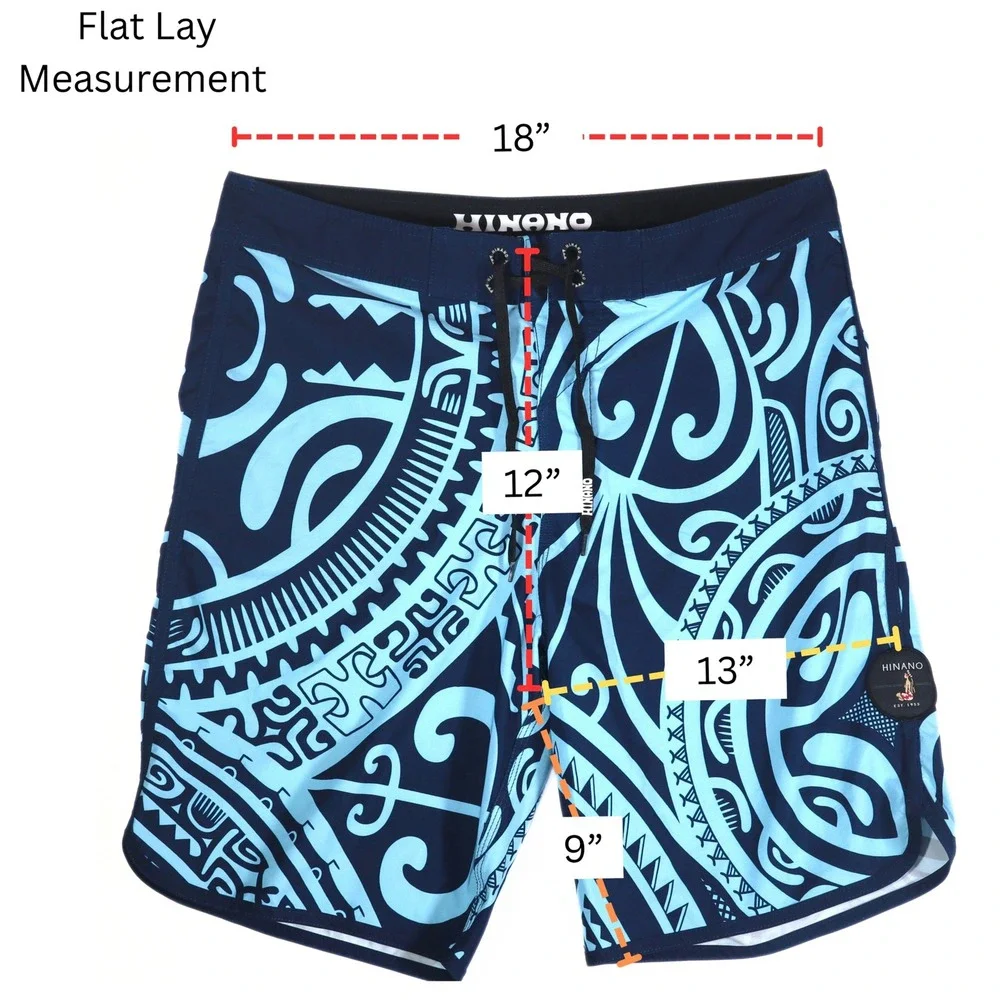 Hinano Tahiti Board Shorts Mens 34 Blue Tribal Print Stretch Swim Trunks Surf